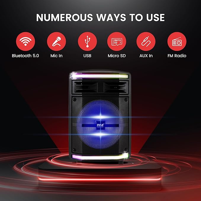 Pyle Portable Bluetooth Speakers with 10 Inch Subwoofer, Wireless Speaker with FM Radio, Karaoke System & Rechargeable Battery, Flashing Party Lights, MP3/USB/Micro SD Readers for Indoor Outdoor Use