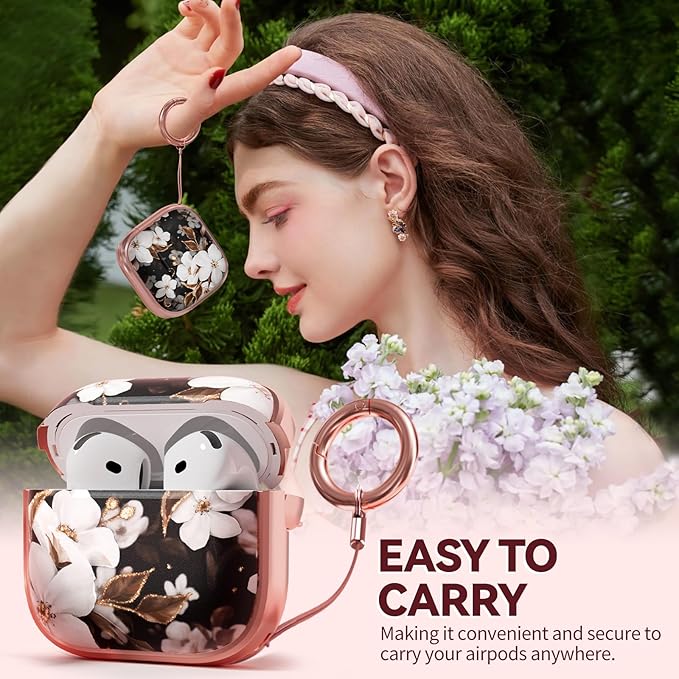 Inesore with Safety Lock for AirPods 4 Case,Clear Floral Cute AirPod 4th Generation Case for Women Girly with Cleaner Kit and Keychain-Black+Gold Black Gold Flower