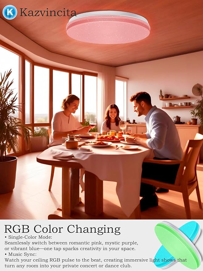 BT-Version LED Ceiling Light with Speaker 40W 12Inch Music Ceiling Lamp with Remote Control Adjustable Brightness & Color Temperature RGB Ambient Lighting for Kids Room Bedroom and More