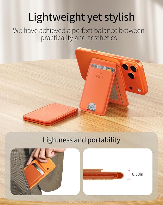 iWALK Stronger Magnetic Wallet, Upgraded for MagSafe Wallet, RFID Blocking, 5 Card Holder with Adjustable Stand, Slim Leather Phone Wallets for iPhone 17/16/15/14/13/12 Series, iPhone Wallets Orange