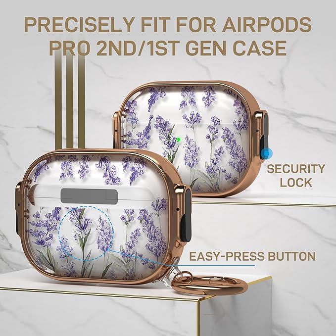 Maxjoy for AirPods Pro 2nd/1st Generation Case with Lock, Clear AirPods Pro 2 Case Lock Protective Hard AirPod Pro Cover for Women with Keychain for Airpod Pro (2023/2022/2019), Flower