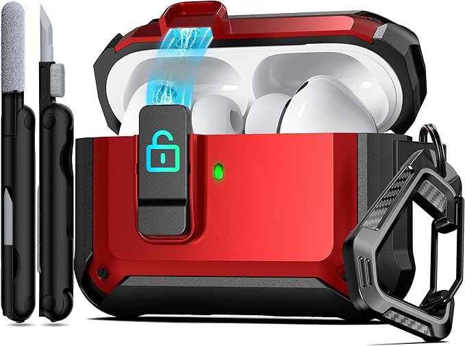 RFUNGUANGO AirPods Pro 3 Case (2025) with Safety Lock and Automatic Pop-up, Compatible with Airpods Pro 3rd Generation Case, Magnetic Lid, Compatible MagSafe, Hard Shockproof Protective Case, Red