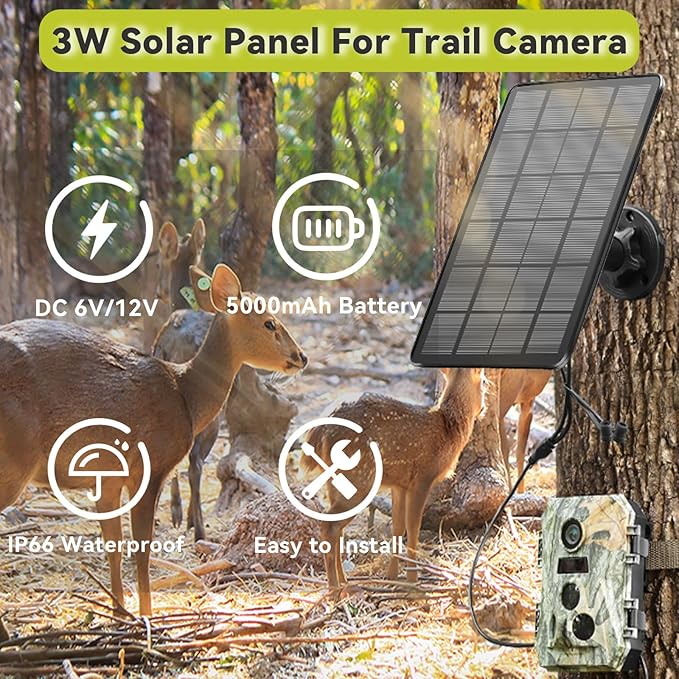 LIYVZ Trail Camera Solar Panel with Bulit-in 5000mAh Battery 2 Pack, 3W Solar Panel for Trail Camera IP66 Waterproof Multi Interfaces with DC 6V & DC 12V Output, 360° Adjustable