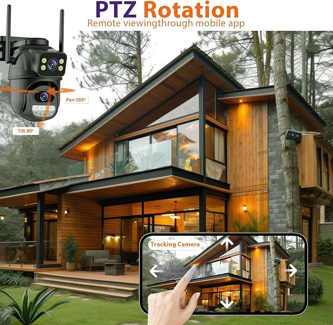Security Camera Outdoor 2.4G WiFi PTZ Outdoor Camera Dual Lens Home Security Cameras Linkage 360°View 4MP Plug-in Cable Two-Way Talk,AI Detection,Full-Color Night Vision,Auto Tracking,24/7 Recording