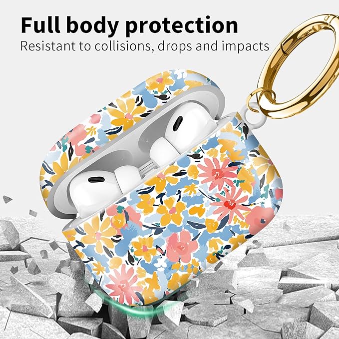 Compatible with Airpod pro 2nd/1st Generation Case Cover with Gold Round Keychain Cute Pattern Hard & Anti Slip Cover for Men Women & Girls（Comic Flowers）