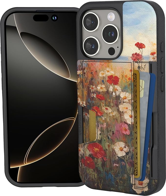 Smartish® iPhone 16 Pro Wallet Case - Wallet Slayer Vol. 2 [Slim + Protective] Credit Card Holder w/Kickstand - Drop Tested Hidden Card Slot Cover Compatible w/Apple iPhone 16 Pro - Wildflower Fields