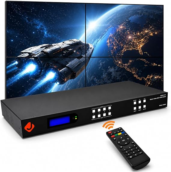 J-Tech Digital 4k 2x2 4K60Hz HDMI Video Wall Controller Multiviewer Seamless Switch Matrix | 4K60Hz Input and 4K30Hz Output, Supports HDMI, HDCP, RS-232, LAN, Downscale & Upscale, Web Control