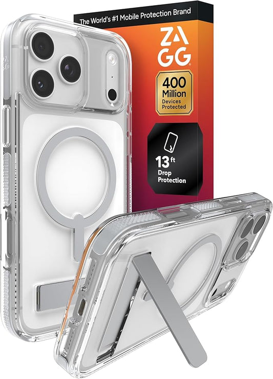 ZAGG Santa Cruz Snap Case with Kickstand for iPhone 17 Pro Max - Silver, Drop Protection (13ft/4m), MagSafe Charging Compatible, ClearGuard Anti-Yellowing Technology, Scratch Resistant Phone Case