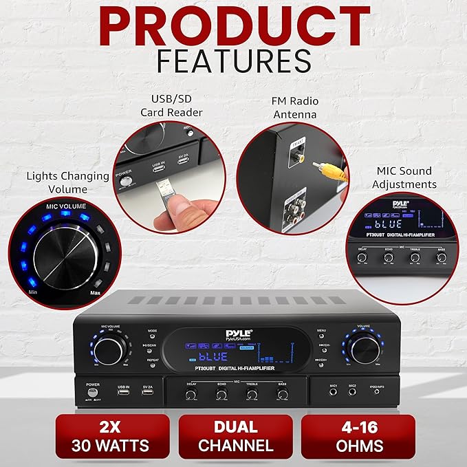 Pyle Bluetooth Home Theater Receiver Amplifier - 180W Peak Power Amp w/Treble, Bass, Echo Control, MP3/USB/FM, Dual Channel Audio Stereo System for Home Streaming Entertainment, Karaoke, Professional
