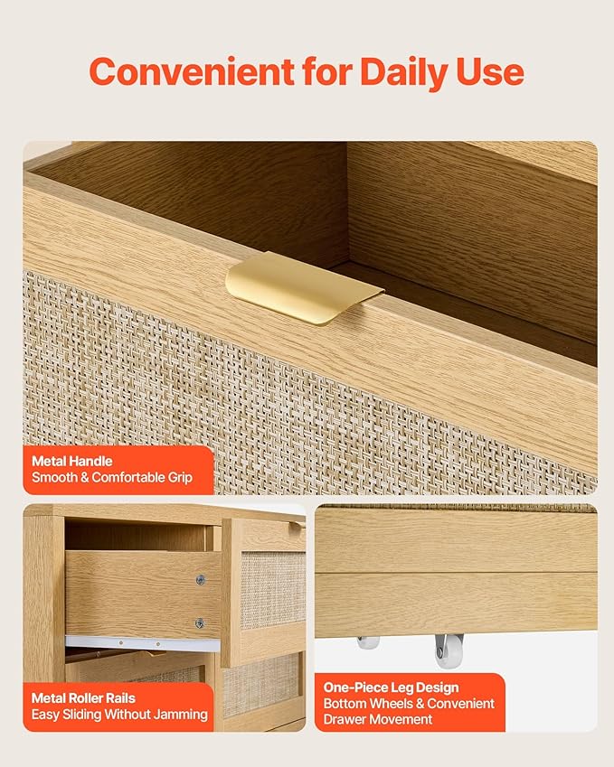 VEVOR Large Dresser for Bedroom, 57" Wide Rattan Dresser 6 Drawer, Wooden Modern Dressers Chest of Drawers with Metal Handle, Clothes Closet Storage Organizer Boho TV Stand for Living Room,Natural Oak