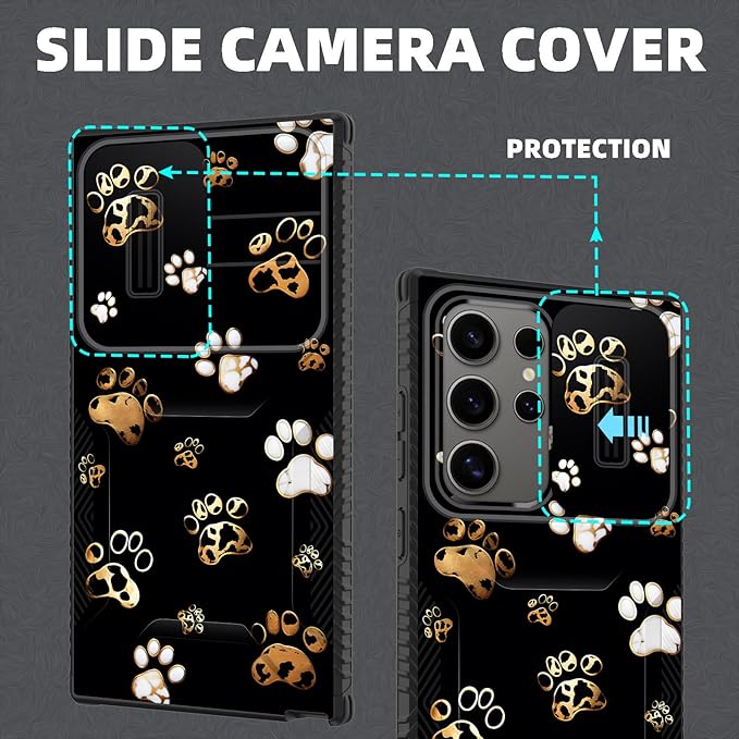 for Galaxy S24 Ultra Case Built in Slide Camera Lens Cover,Heavy Duty Shockproof Protection Dual Layer Case for Samsung Galaxy S24 Ultra 6.8" 2024,Cute Dog Paw Prints