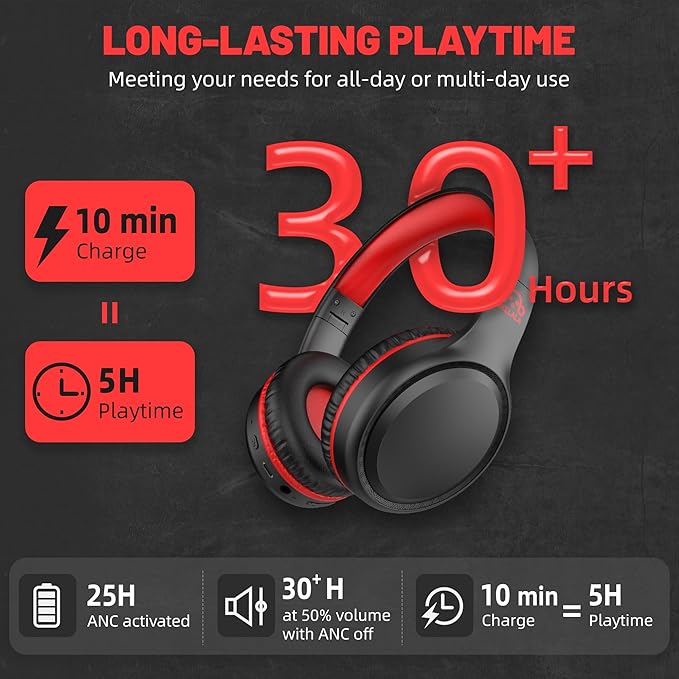 U2B Active Noise Canceling Wired & Wireless Bluetooth 6.0 Headphones with Microphone, Foldable Lightweight Head Phones with Volume Control‌ for Kids Adult School Black Red