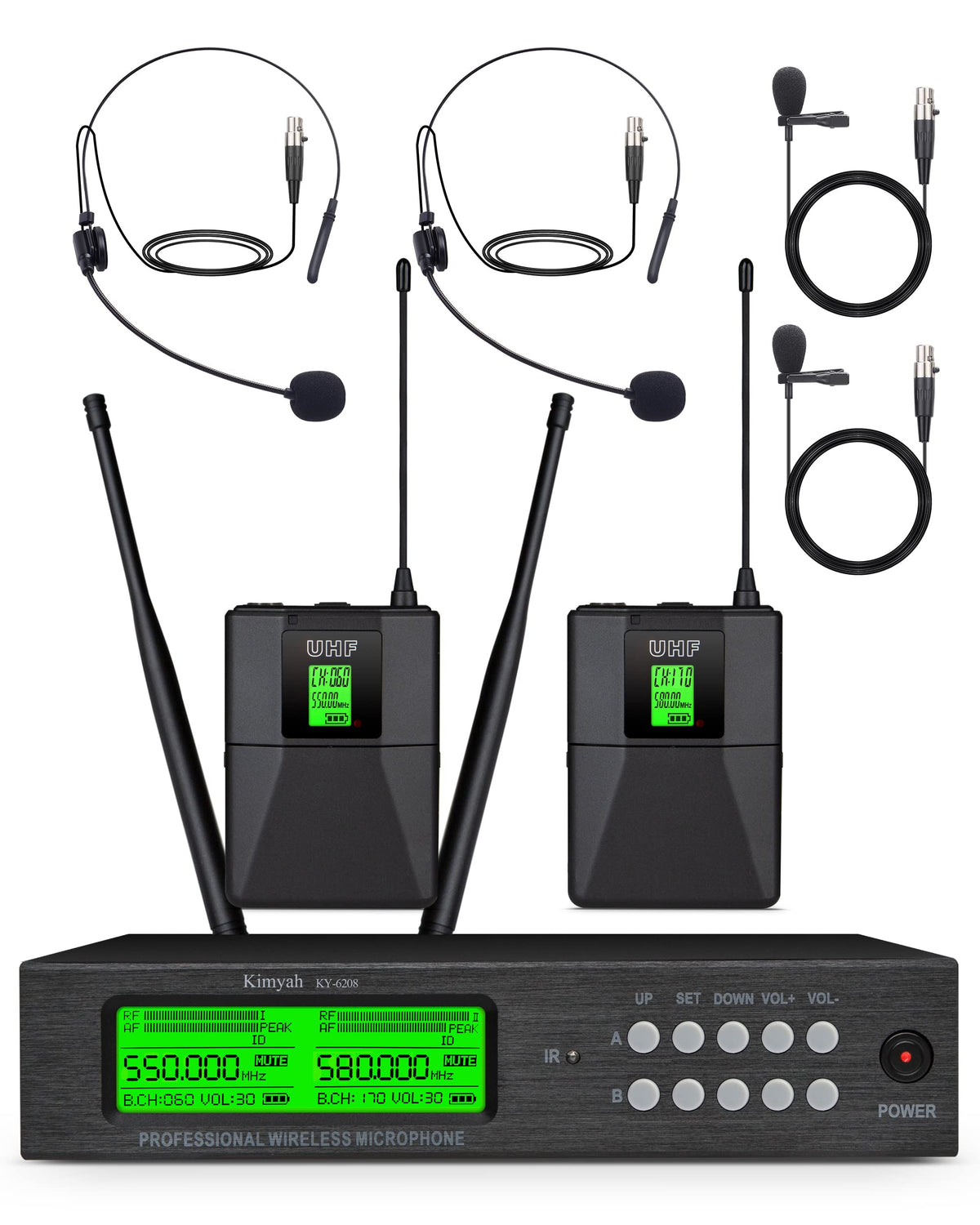 Kimyah Wireless Lavalier and Headset Microphone System,Dual UHF Cordless Bodypack Mics, 2 Lavalier and 2 Headset Microphones, 328ft Range,Ideal for Church and Teaching, Lecture(KY-6208)
