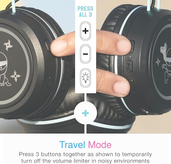 MEE Audio KidJamz KJ55BT Bluetooth Wireless Safe Listening Headphones for Children with LED Lights, 85dB Volume Limiter, Microphone, & 40h Battery; Kids Headset for School/iPhone/iPad/Tablet (Black)