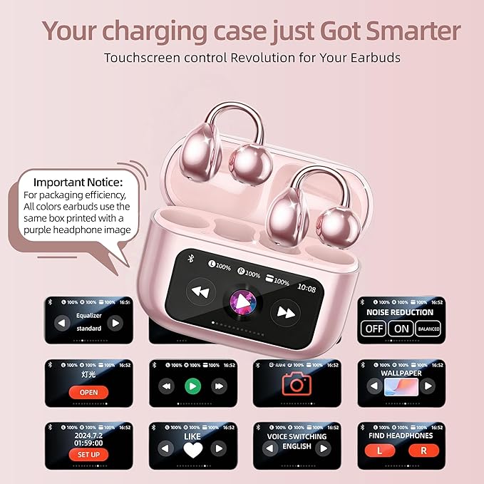 Open Ear Earbuds,Clip On Earbuds Wireless Bluetooth 6.0 with LCD Touchscreen, Lightweight Comfort Bone Conduction Headphones for Sports, Fitness, and Workouts, Rose Gold
