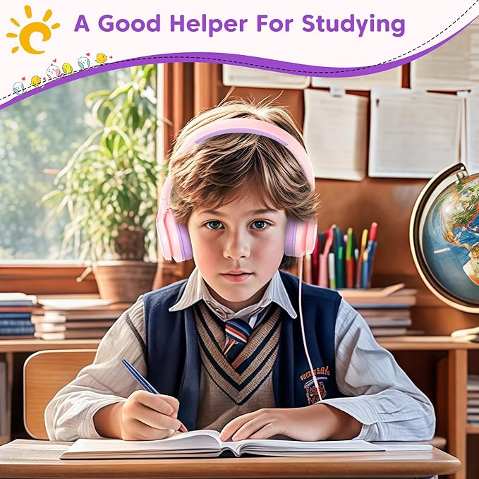 Kids Headphones with 3.5mm & USB C Wired Headphones, USB C Headphones Kids for School, Lightweight On-Ear Headphones Built-in Mic & Safe Volume Limited for classroom/Girls/Boys/Travel/Tablets(Pink)