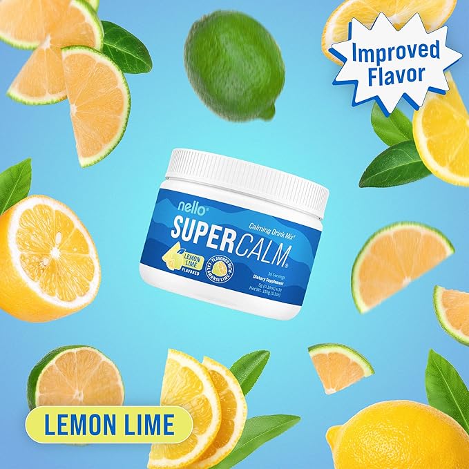 Nello Supercalm Powdered Drink Mix Tub, Cortisol Reducer* and Sleep Aid Supplement, L Theanine, Ksm-66 Ashwagandha, Magnesium Glycinate, Vitamin D 3, No Sugar, Non GMO, On The Go, 30 Ct, Lemon Lime