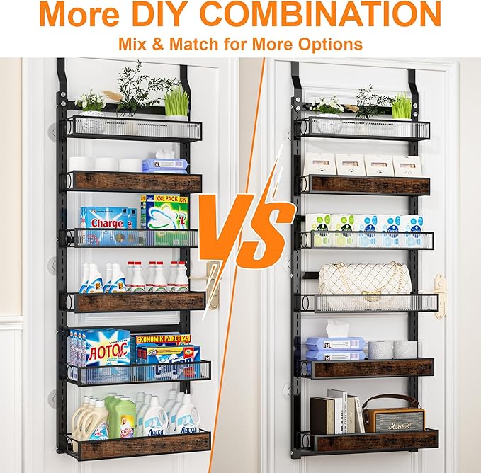 6 Tier Over the Door Pantry Organizer 2 IN 1 Hanging or Wall Mounted Spice Rack with Adjustable Basket,Heavy Duty Seasonning Storage Shelf for Kitchen Pantry and Bathroom,Black