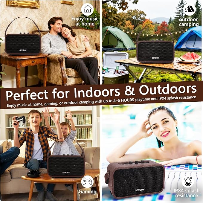 GDSK-4 Portable Bluetooth Speaker, USB Wireless Speaker with Built-in Rechargeable Battery, Retro Small Speaker with Dual 4″ Stereo Bass, IPX4 Splashproof, USB-C Fast Charge for Outdoor, Travel & Home