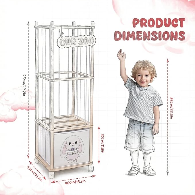Stuffed Animal Storage with Removable Fabric Bins & Locking Wheels, 2-in-1 Wooden Toy Organizer and Display Shelf - Space-Saving for Playroom, Bedroom, Nursery