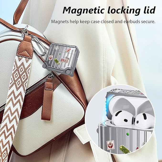 Filoto Compatible with Airpods 4 Case, Cute Fashion Suitcase Design for Airpods 4th Generation Case Cover, Shockproof Protective Hard Case with Keychain/Cleaner Kit (Silver, Airpods 4 Case)
