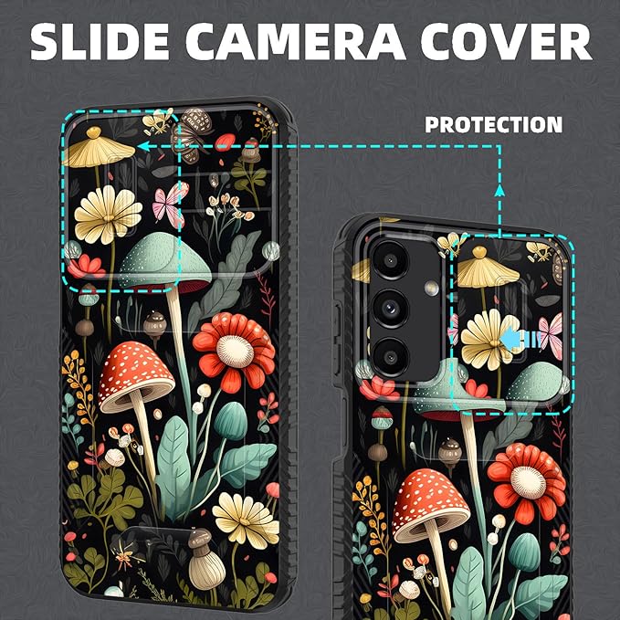 for Galaxy A16 5G Case Built in Slide Camera Lens Cover,Heavy Duty Shockproof Protection Dual Layer Case for Samsung Galaxy A16 5G 6.7" 2024,Mushroom Forest