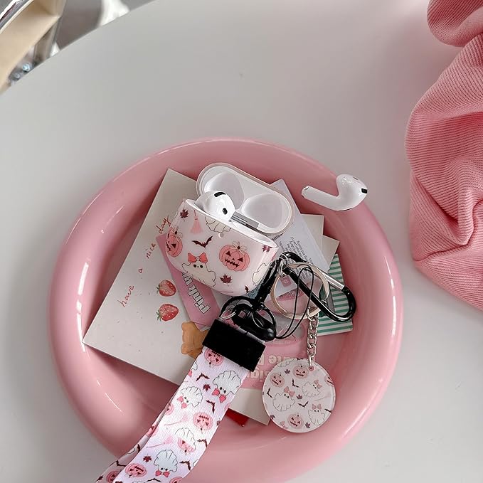Cute Quirky Pumpkin Ghost Fun Design Air Pod 4th Generation （2024） with Pumpkin Ghost Lanyard Keychain，Unique IMD Process TPU Soft Air Pod 4th Case