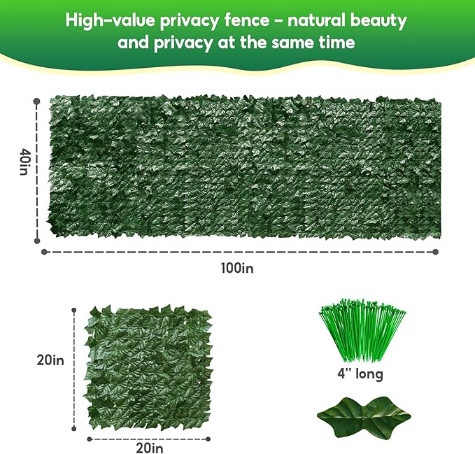 Artificial Ivy Privacy Fence Screen, 100x40 inch Artificial Hedge Grass Wall，Faux Ivy Fence Privacy Screen, Decoration for Patio, Balcony, Garden, Backyard Indoor Outdoor Decor