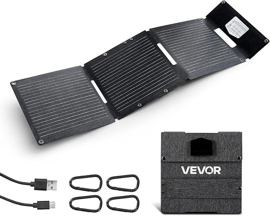 VEVOR 30W Foldable Solar Panel Charger, 16BB N-Type Monocrystalline Solar Panel 24% Efficiency, Ultra-Light Portable with USB-A, USB-A (QC3.0) & Type-C Ports for Camping, Backpacking, Phones, Tablets
