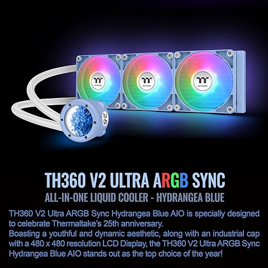 Thermaltake TH360 V2 Ultra ARGB Sync/AlO Liquid Cooler/ARGB Fan 120 * 3/PWM 500~1500rpm/Water Block 2.1" LCD/Hydragea Blue, CL-W420-PL12BU-A