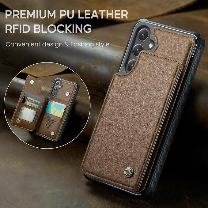 Bemal for Samsung Galaxy S25 Wallet Case with Card Holder, RFID Blocking, Shockproof Leather Kickstand for Men and Women, Durable Protective Phone Cover for 6.2", Brown
