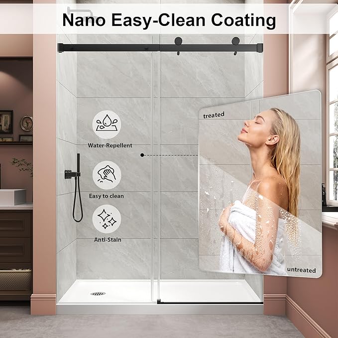 Frameless Shower Door,Single Sliding Glass Shower Door with Nano Coating & Safety Film, Adjustable 49"-54" W x 72" H, Matte Black,1/4" (6mm) SGCC Tempered Glass