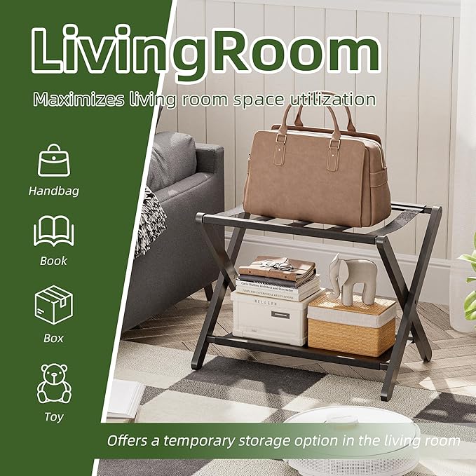 Luggage Rack, Set of 2, Folding Suitcase Stand with Storage Shelf, Premium Bamboo Luggage Holder for Guest Room, Bedroom, Hotel, Closet, Holds up to 135 lb (Black)