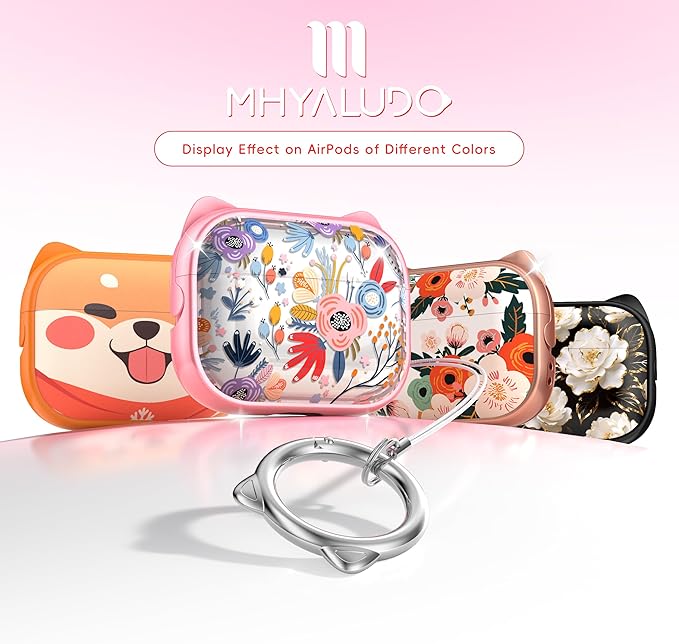 for AirPods Pro 2 Case with Cleaning Kit, Cute Cat Ear Print Design & Cute Buckle for Girls, Phone Holder & Top Safe Lock Buckle Design for AirPods Pro 2nd/1st Gen case, Clear Flowers