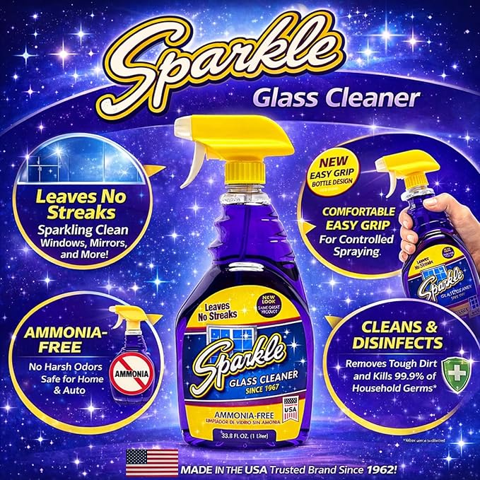 Sparkle Glass Cleaner 1 Spray Bottle 33.8 And 1 Refill 33.8, Ammonia-Free Original Formula Heavy Duty Glass Cleaner, Leaves No Streaks (67.6 Fl Oz,Pack of 6)