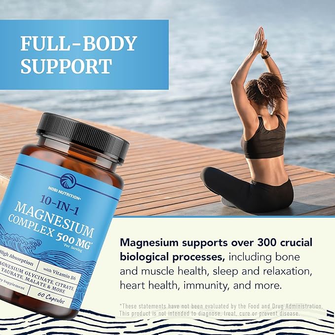 10 in 1 Magnesium Complex Supplement 500MG | Magnesium Citrate, Mag Glycinate, Malate & More | High Absorption Mag Complex with Vitamin B6 | Bone, Muscle & Heart Health Support | Non-GMO | 60 Ct.