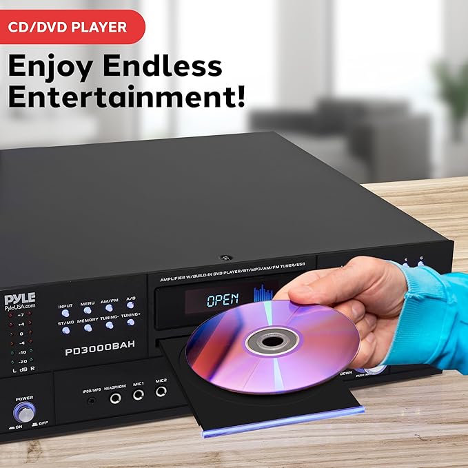 Pyle 3000W 4-Channel Wireless Bluetooth Amplifier - Stereo Home Audio Receiver with Front CD/DVD Player, FM Radio, Hi Def Input,Aux,RCA,USB,2 Mic Inputs w/Echo, Subwoofer Out - Rack Mount