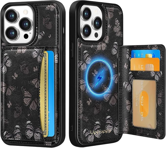 for iPhone 13 Pro Case with Wallet - Fits 4 Card Slots,Compatible with MagSafe for Women Aesthetic Durable PU Leather Credit Card Holder Kickstand Phone Cover for Apple 13 Pro, Black Butterfly