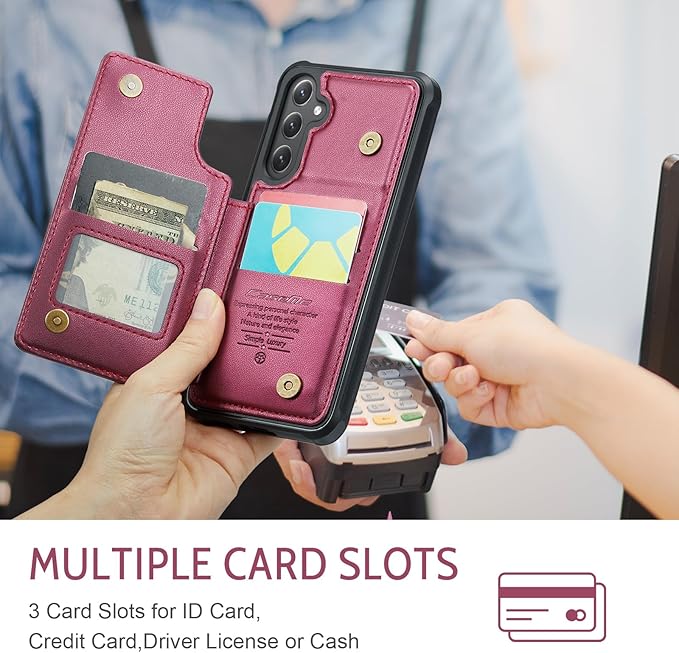 Bemal for Samsung Galaxy S25 Wallet Case with Card Holder, RFID Blocking, Shockproof Leather Kickstand for Men and Women, Durable Protective Phone Cover for 6.2", Wine Red