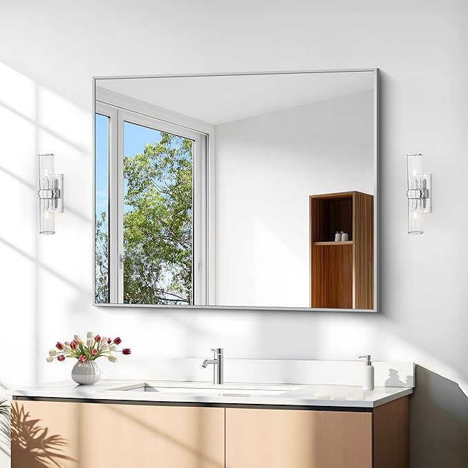 30" x 30"Bathroom Mirror, Silver Rectangle Corner Wall Mirror with Metal Frame, Decorative Rectangular Vanity Mirror for Bedroom Bathroom Living Room Entryway (Horizontal/Vertical)