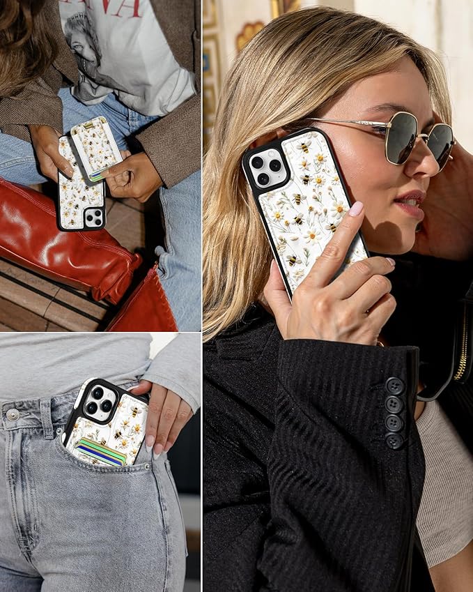 Shorogyt for iPhone 11 Pro Max Wallet Case - Fits 5 Cards, Compatible with Magsafe Detachable Magnetic Credit Card Holder Leather Cardholder Cute Phone Cover Women Girl for Apple 11 ProMax, Bee Flower