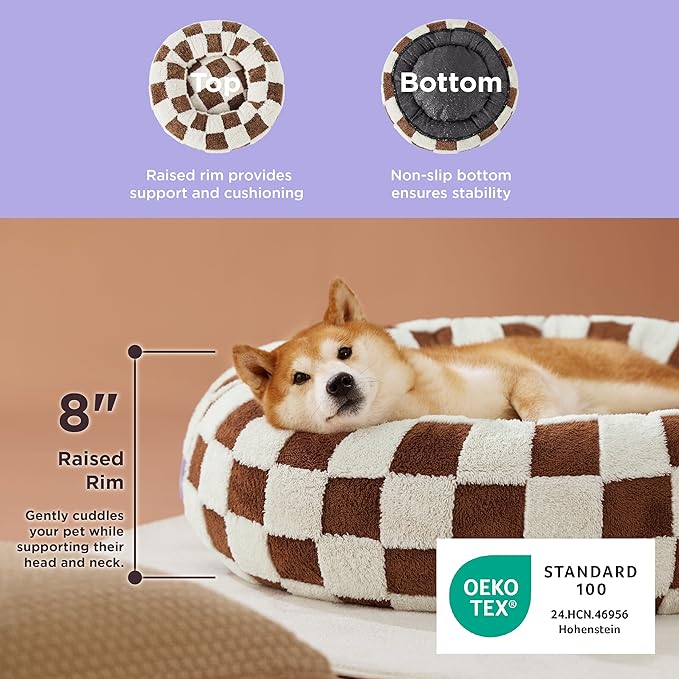 LE SURE Donut Large Dog Bed - Round Cat Beds for Indoor Anti-Anxiety Calming Pet Beds, Washable Cute Modern Beds with Teddy Sherpa Plush & Anti Slip Bottom, 36 Inch, Brown