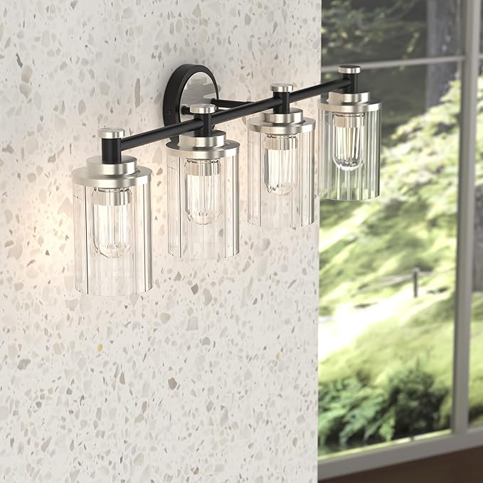 Bathroom Lighting Fixtures Black and Brushed Nickel Bathroom Vanity Light with Cylindrical Clear Stripes Glass Lampshade E26 Socket Base Bathroom Lighting Fixtures Over Mirror (4 Lights)