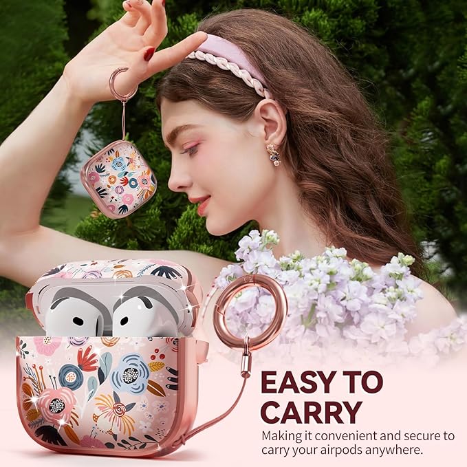 Inesore with Safety Lock for AirPods 4 Case Cover 2024,Floral Cute AirPod 4th Generation Case for Women Girly with Cleaner Kit and Keychain- Pink Berry Flower
