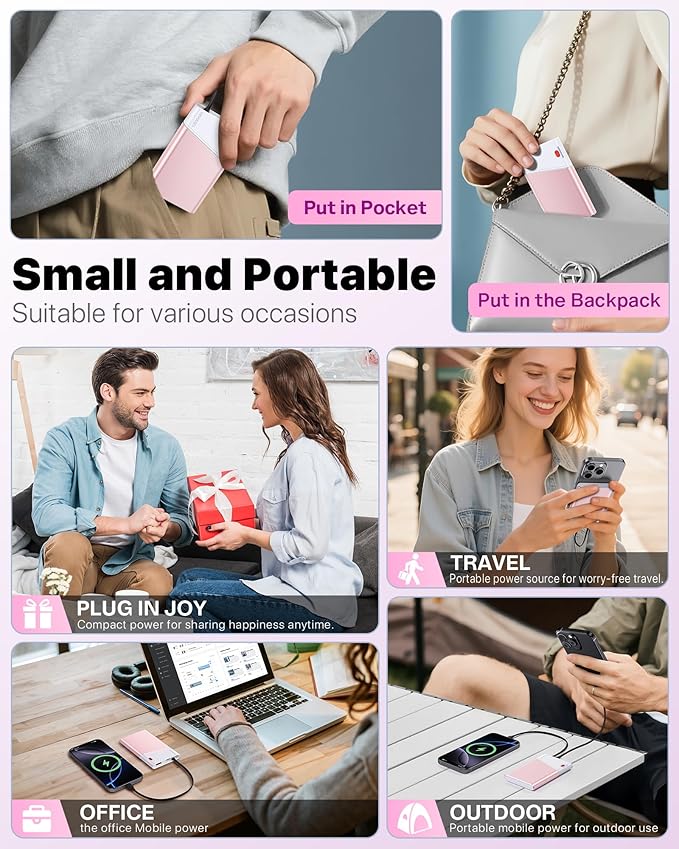 Portable Charger Power Bank, 10000mAh 22.5W PD Fast Charging Powerbank with Built-in USB C Cable, Slim External Phone Battery Pack for iPhone 17/16/15 Samsung S24 Android etc (Pink)