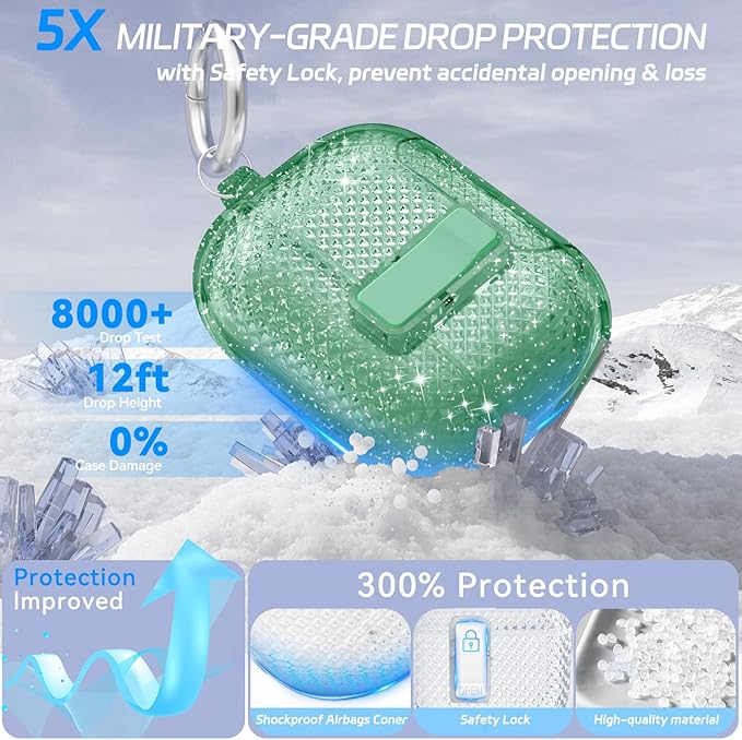 for AirPods Pro 2 Case with Phone Stand & Secure Lock, Auto-Open Clear Cover Compatible with Apple AirPods Pro 2nd/1st Gen (2023,2022,2019) with Cleaning Kit & Keychain (Shine-Clear Green)