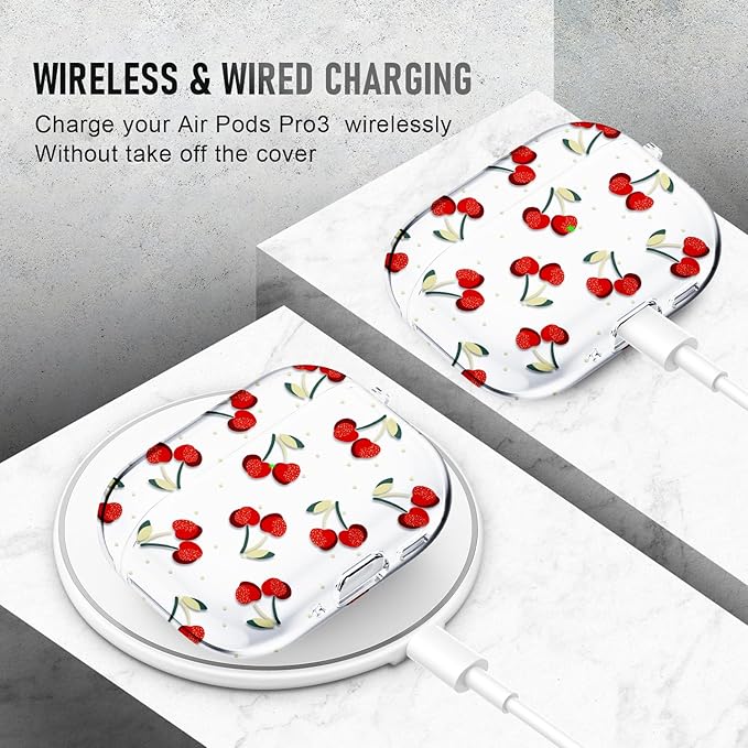 Compatible Airpods Pro 3 Case (2025),Soft Cute Cherry Print Silicone Protective Cases for Apple AirPods Pro 3rd Generation Case,Airpod Pro 3 Cover with Keychain&Cleaner Kit for Women/Girls,Cherry