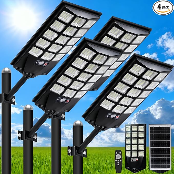 Jercoda Solar Street Lights Outdoor 4 Pack, 6500K LED Flood Lights with Motion Sensor, Dusk to Dawn Security Lights with Remote Control, Waterproof Solar Powered Lighting for Garden Yard Parking Lot