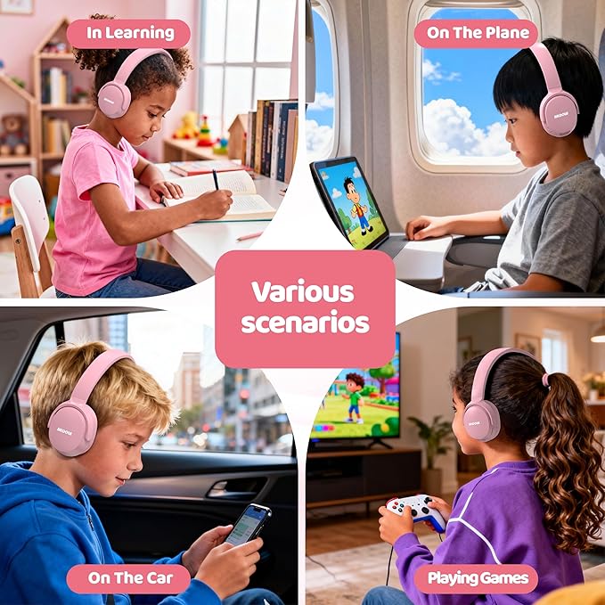 MIDOLA Headphones for Kids Bluetooth 5.4 Wireless 68H Play Time Volume Limit 85/94dB Over-Ear Foldable Headset,with Mic Wired Aux for Toddler Child Boy Girl School Pad Tablet Pink