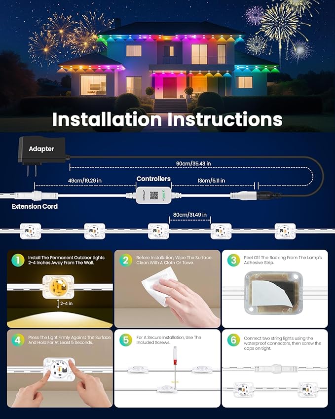 KISUFU 50FT Permanent Outdoor Lights for House, 24V RGB+IC Smart Outside Lights with 221 Modes, App & Remote Control, IP68 Waterproof, Year-Round Roof & Eaves Lighting for Christmas, Holidays (50FT)